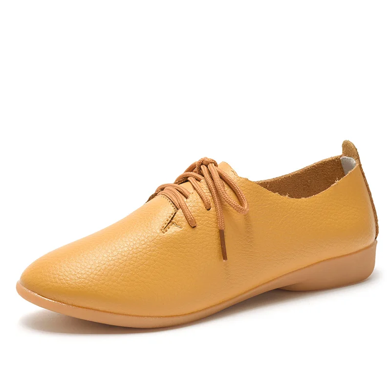 Comfortable Women Shoes Casual Genuine Leather Autumn Flat Women Shoes Moccasins Loafers Lace Up Ladies Leather Shoes Fashion - Цвет: 18880yellow
