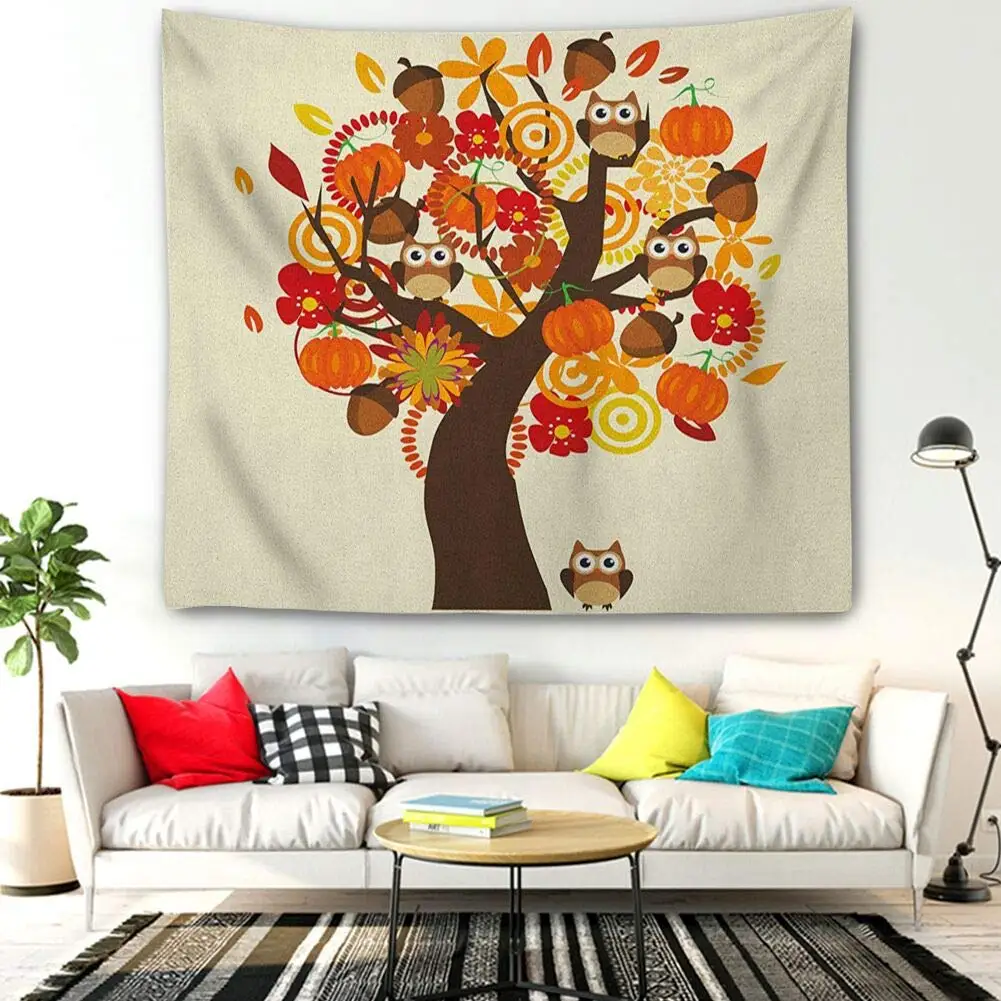 

Sunshine Bohemia Tapestries Bedding Dorm Thanksgiving Fall Tree with Flowers Pumpkins and Owls