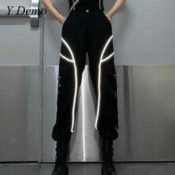 

Y Demo Techwear High Waist Women's Cargo Pants Reflective Lines Asymmetrical Trousers Female 2020 New