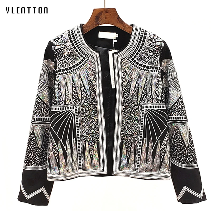 

Autumn Luxurious Sequins Embroidery Cardigans Jacket Woman Casual Short O-Neck Long Sleeve Reflective Jackets Coat Female Tops