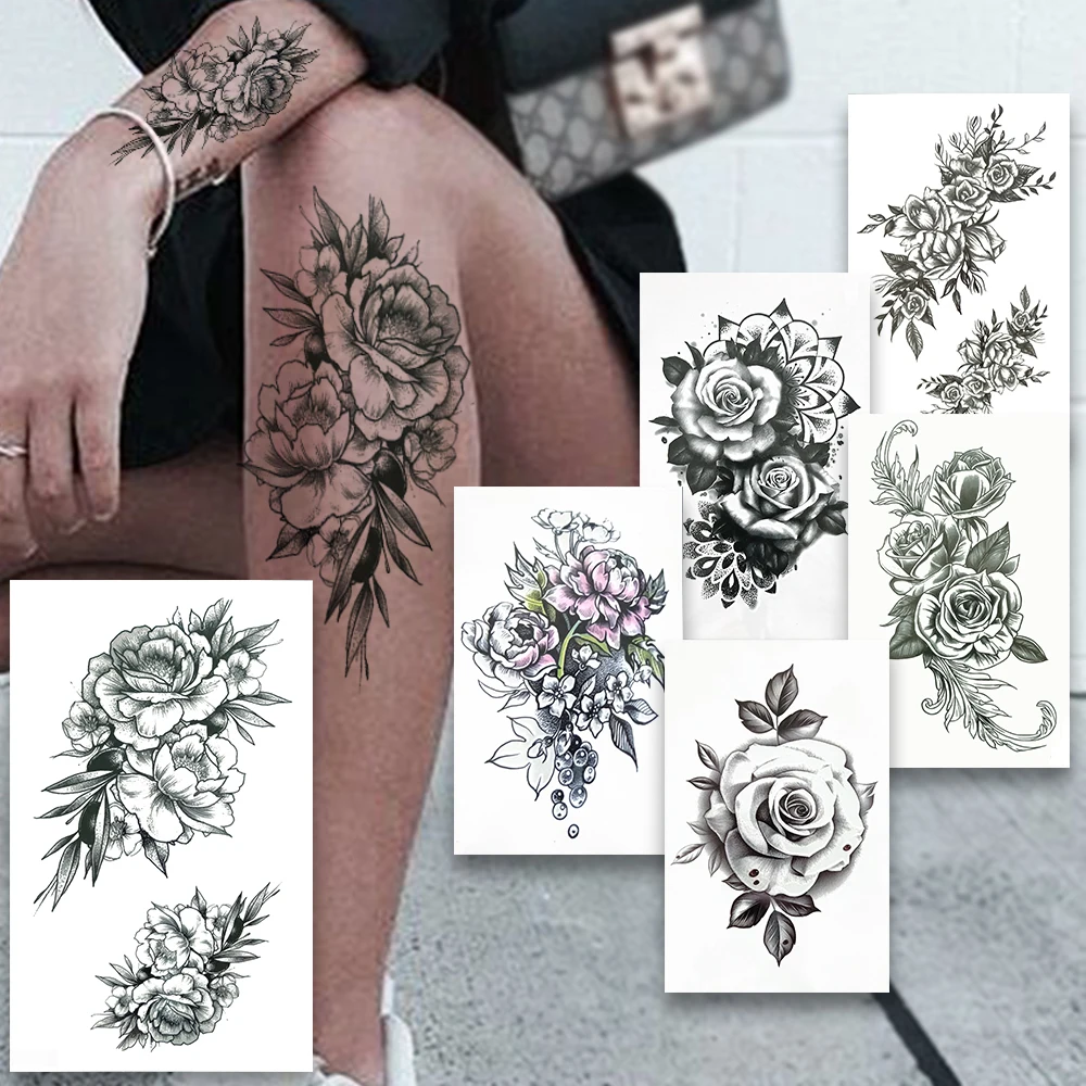 Daisy Flower Fake Temporary Tattoos For Women Female Realistic Rose Henna Tattoo Sticker Sexy Peony Bloosom Tatoo Body Arm Thigh | Красота и