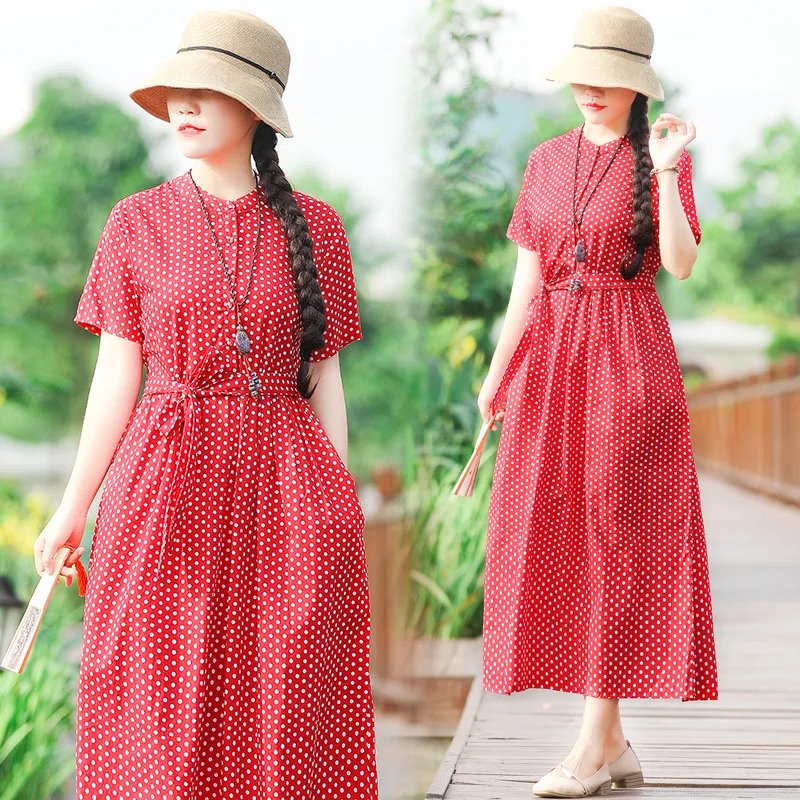 

Photo Shoot 2019 Summer New Style Literature And Art by Age Cotton Linen Polka Dot Printed Short-sleeve Dress Slimming