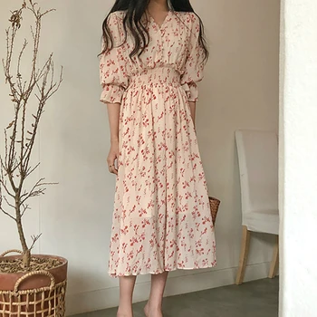 

BornSra Elegant V-neck Front Buttons Floral Print Women Long Dress Vintage Elastic Flare Sleeve Chiffon A-line Female Dresses