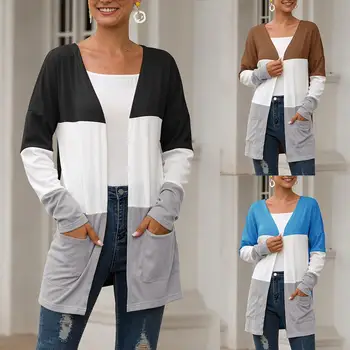

2020 Casual Women Autumn Long Sleeve Color Block Patchwork Pockets Cardigan Coat Women Blend Coat Female Coat Casual Windbreake