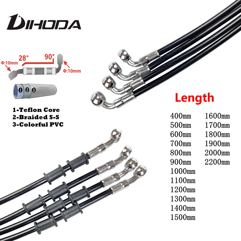 Black 400mm To 2200mm 28°-90° Motorcycle Hydraulic Reinforced Brake Clutch Oil Hose Line Pipe For  ATV Dirt Pit Racing Bike