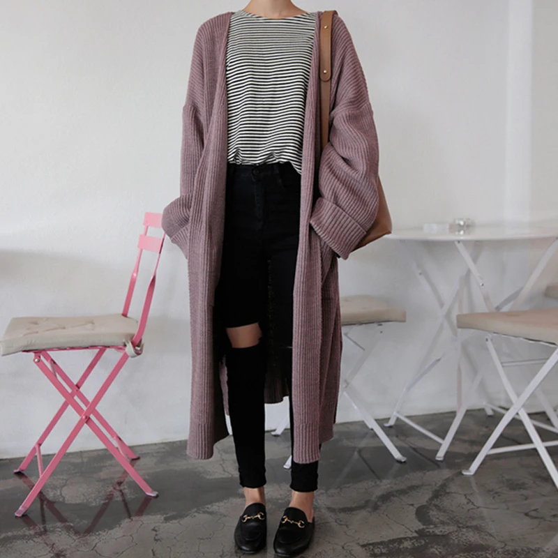 

Causal Chic Pockets Long Cardigan Women Korean Black Simple All-match Knitted Cardigan High Street Autumn Winter Sweater Coat