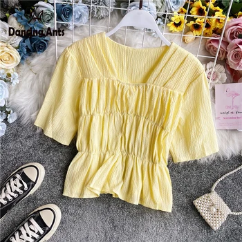 

Women Shirts Square Collar Short Sleeve Pleated Korean Style Slim Top 2020 Summer New Femme Elegant Ruffles Chiffon Short Blouse