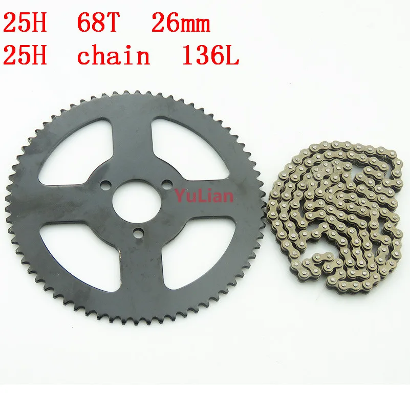 25H Clutch Drum Gear 25H 68T 26mm Sprocket + Chain 136Links For 2 Stroke Minimoto Pocket Bike ATV Quad