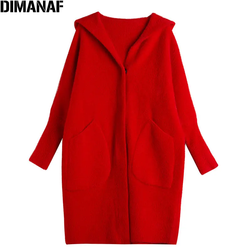 DIMANAF Winter Women Coat Wool&Blends Thick Plus Size Office Lady Outerwear Loose Hooded Batwing Sleeve Cardigan Female Clothes