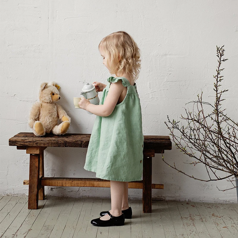 Children Girls' Linen Dress Summer New Literary Petal Sleeves Loose Baby Girl Strap Princess Dresses TZ04