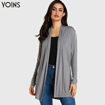 

YOINS 2020 Spring Autumn Winter Coats Women Cotton Grey Long Sleeves Open Front Cardigans Casual Work Regular Veste Femme Solid