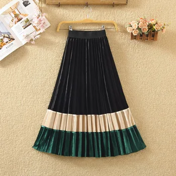 

and winter 2019 new Korean high waist thin contrast color patchwork pleated skirt gold velvet medium length skirt women