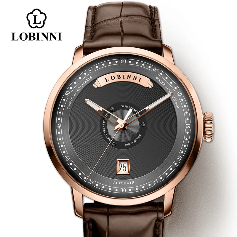 LOBINNI роскошные швейцарские бренды автоматические часы мужские механические часы Бестселлер кожаные часы мужские сапфировые наручные часы - Цвет: Rose-Black-brown-r