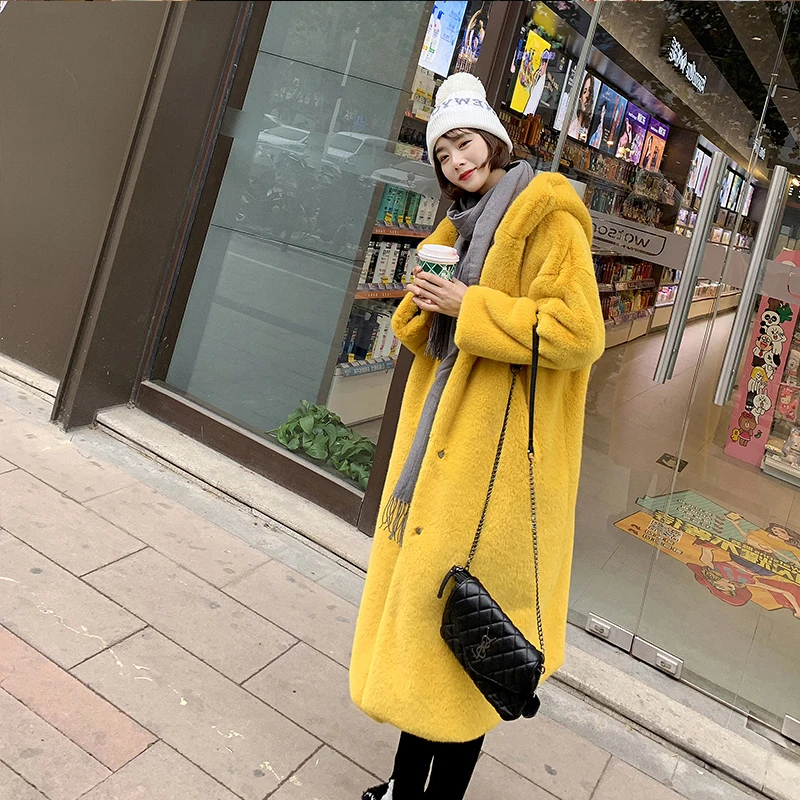 Женский японский стиль зимний искусственный мех норки длинное плотное пальто на молнии карманы Обычная искусственная кожа полный с капюшоном - Цвет: Цвет: желтый