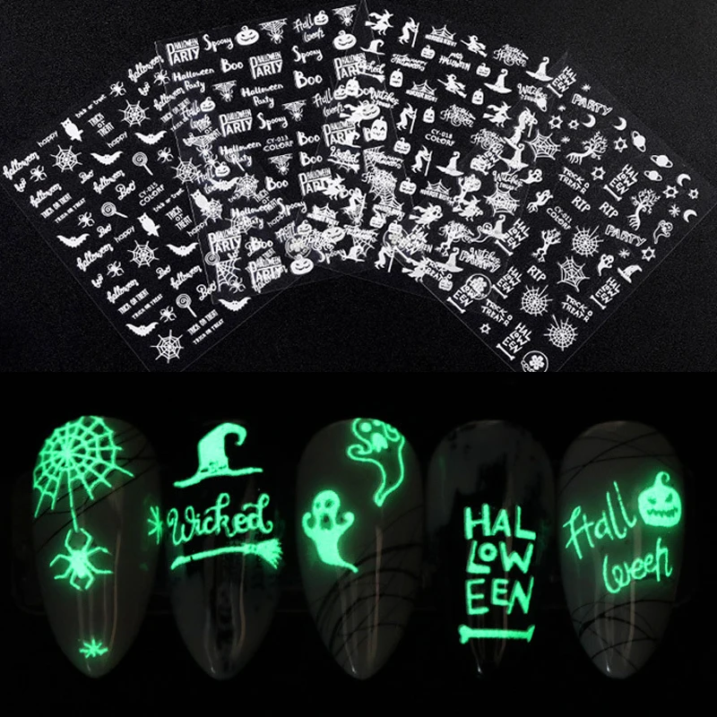 Halloween Luminous 3D Nail Sticker Decals Skull/Pumpkin /Ghost Glow Horror Patterns Art Stickers Decorations | Красота и здоровье