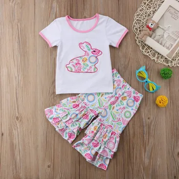

2Pcs Infant Baby Girl T-shirt+ Flare Pants Set Cartoon Rabit Embroidery Print Top Floral Pants Lovely Kids Clothes Set Outfits