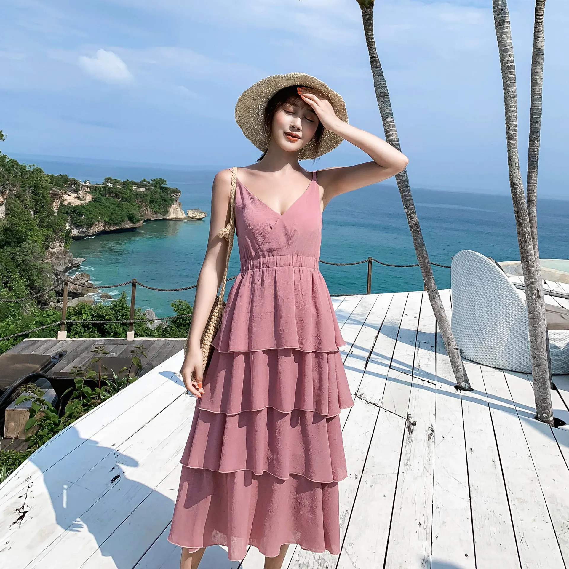 

Camisole Chiffon Slimming Dress Women's 2019 Summer Immortal High-waisted Korean-style V-neck Vacation Style Layers Cake Dress