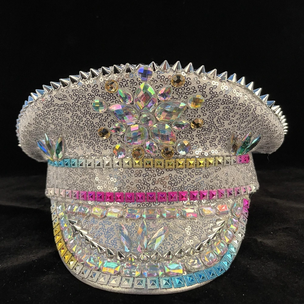 Women Military Hat Luxury Punk Silver 