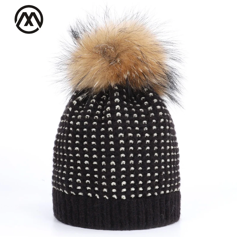 

2019 fashion filigree woman knit hat real fur pom-pom hat autumn and winter warm raccoon fur pom-pom Hat casual lady peas