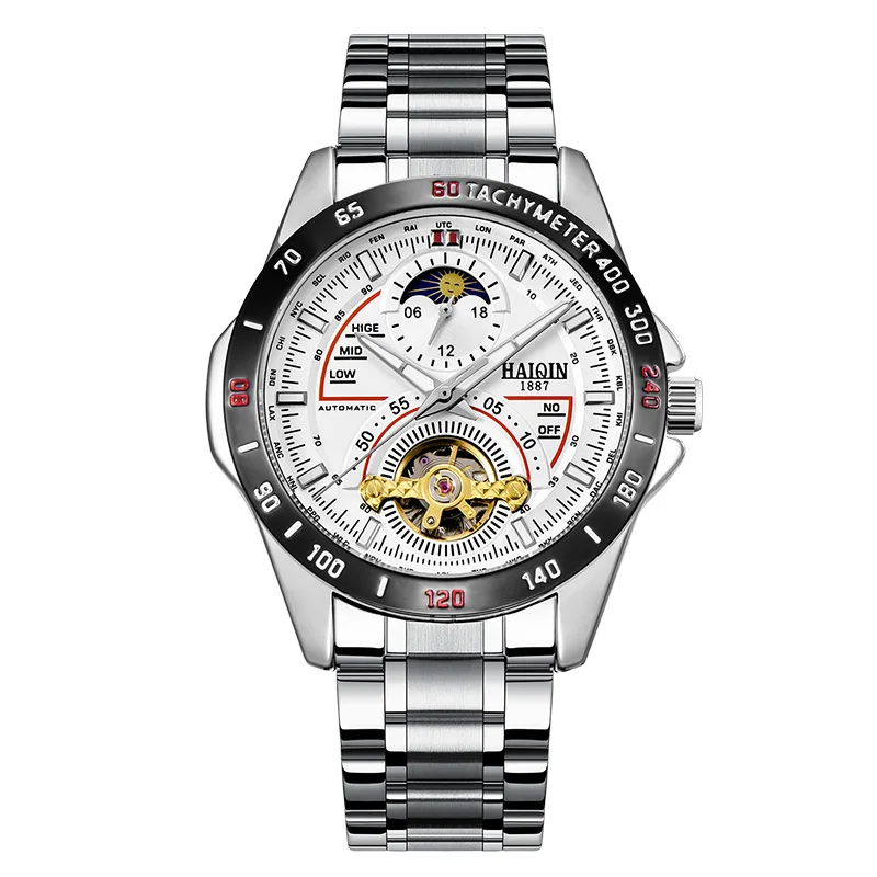 HAIQIN Mens Watches Automatic Mechanical Wrist Watch Waterproof Luminous Luxury Stainless Steel Military Watch Relogio Masculino - Цвет: Silver Red