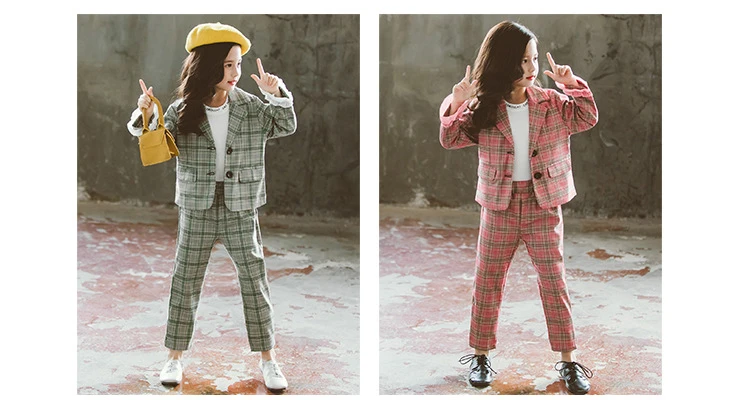 Clothes For Girls Plaid Blazer& Pants Suit For Girls Party Turn Down Collar Girls Sets Autumn Fashion Kid Clothing For Girls