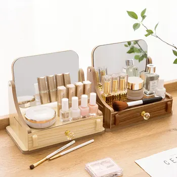 

Desktop Cosmetic Storage Box Home Drawer Makeup Organizer with Mirror Wooden Color Jewelry Beauty Tool Container