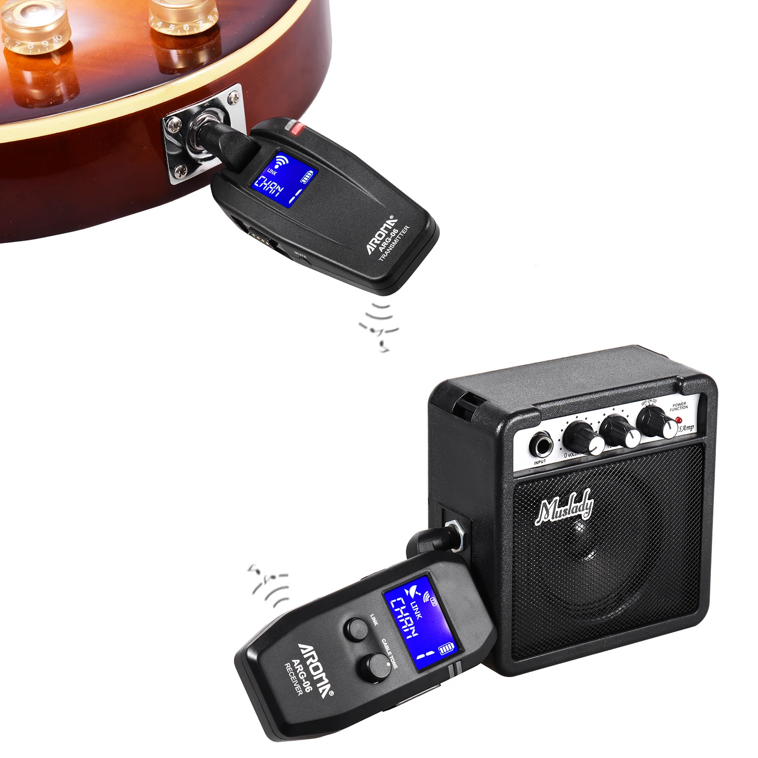AROMA ARG-06 Guitar Wireless Transmission System Transmisster Receiver 6.35mm Plug 4 Channels Max. 35m Effective Range
