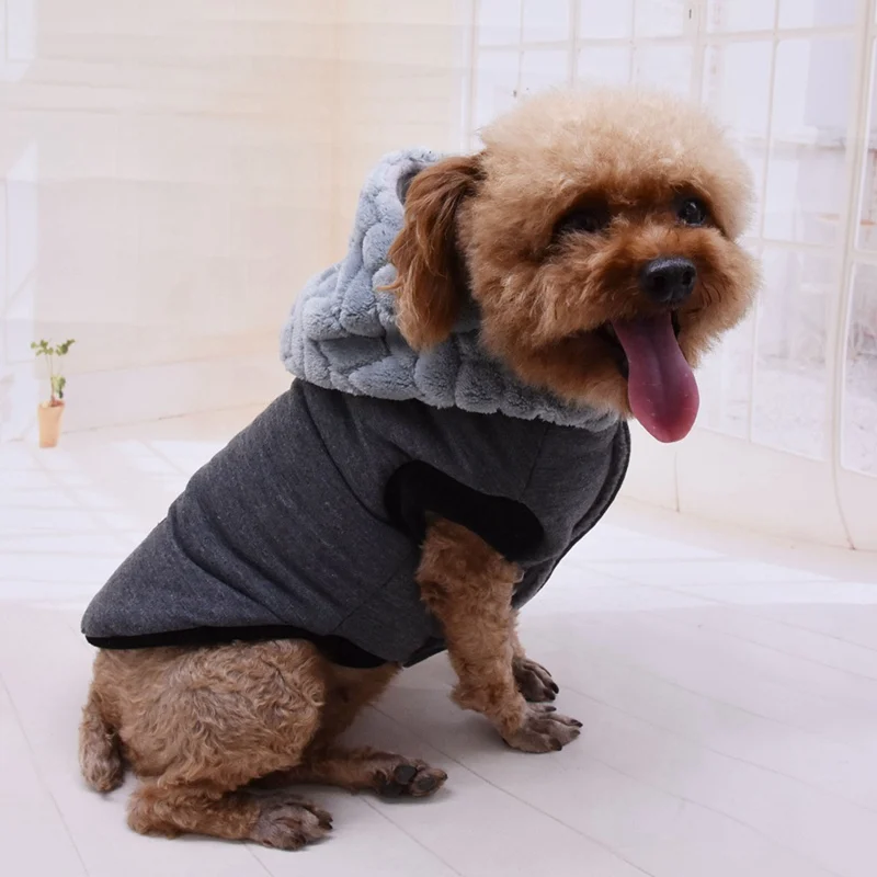 Осень-зима теплая одежда для собак с капюшоном хлопковая куртка-плащ, щенки одежда с принтом в виде собак, костюм с жилеткой одежда для малых и средних собак