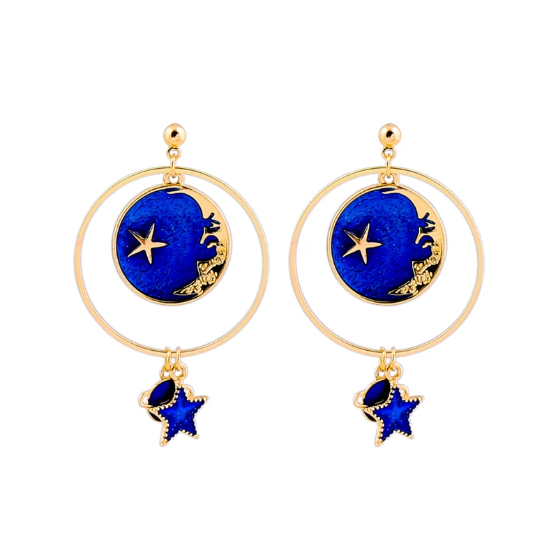 Простой дизайн модные Висячие серьги для женщин голубой цвет эмаль Луна Звезда Серьги