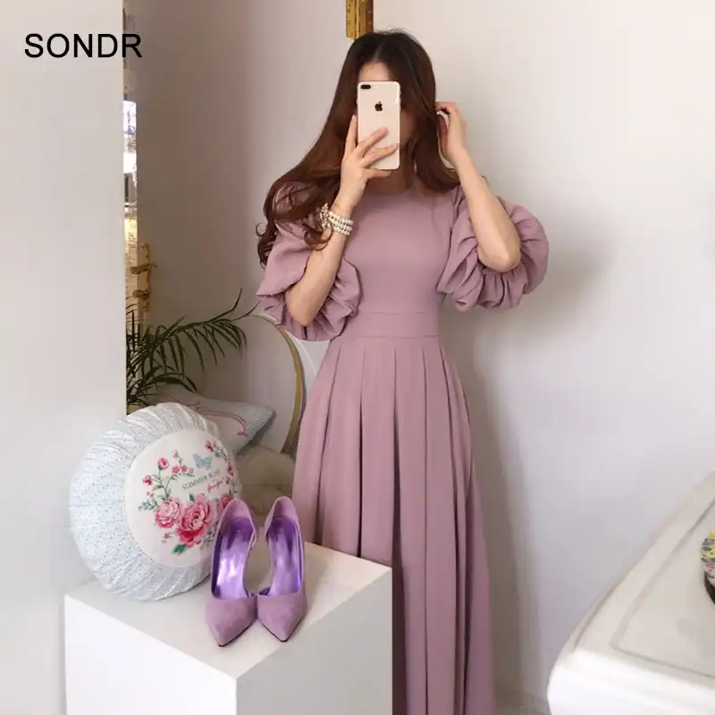 Elegant Lantern Sleeve Pleated Chiffon Dresses Summer Office Working Woman New Korean One Piece Dress Pink Long Dresses Plus Size Dresses Aliexpress