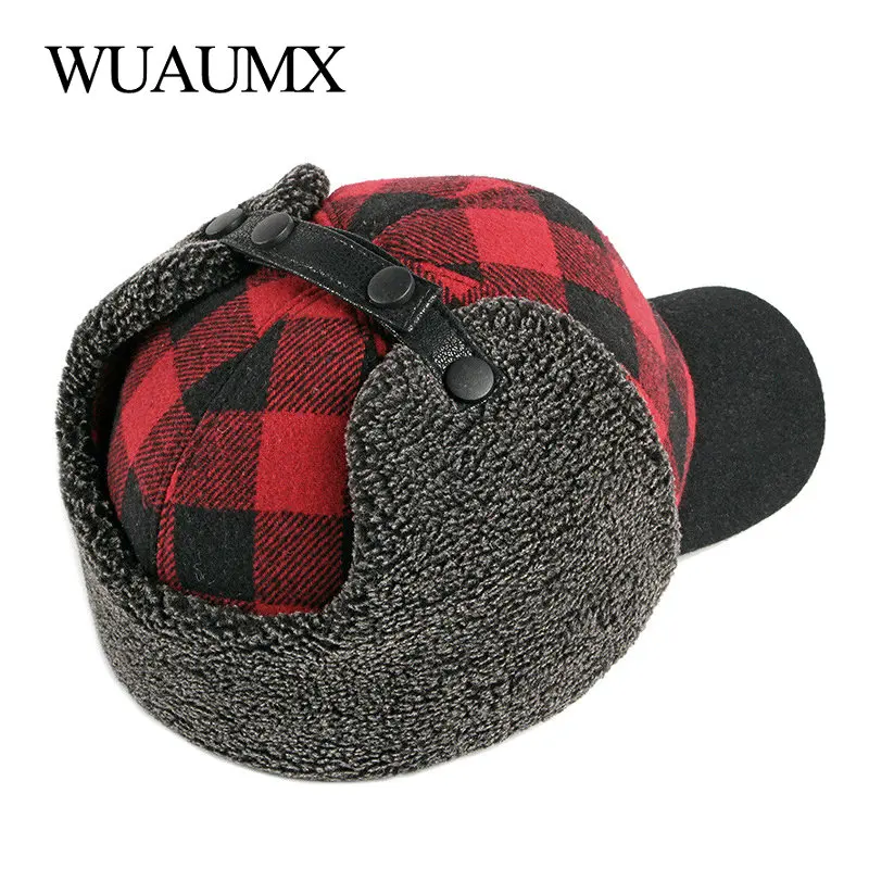 Winter Bomber Hats Men Women Thicken Russian Trapper Hat Earflap Baseball cap Red Black Plaid Windproof