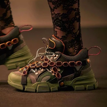 

Colorful Rhinestones Crystal Belt Decor Mesh Patchwork Luxury Designer Women Runway Sneakers Leather Nightclub Stylish Shoes