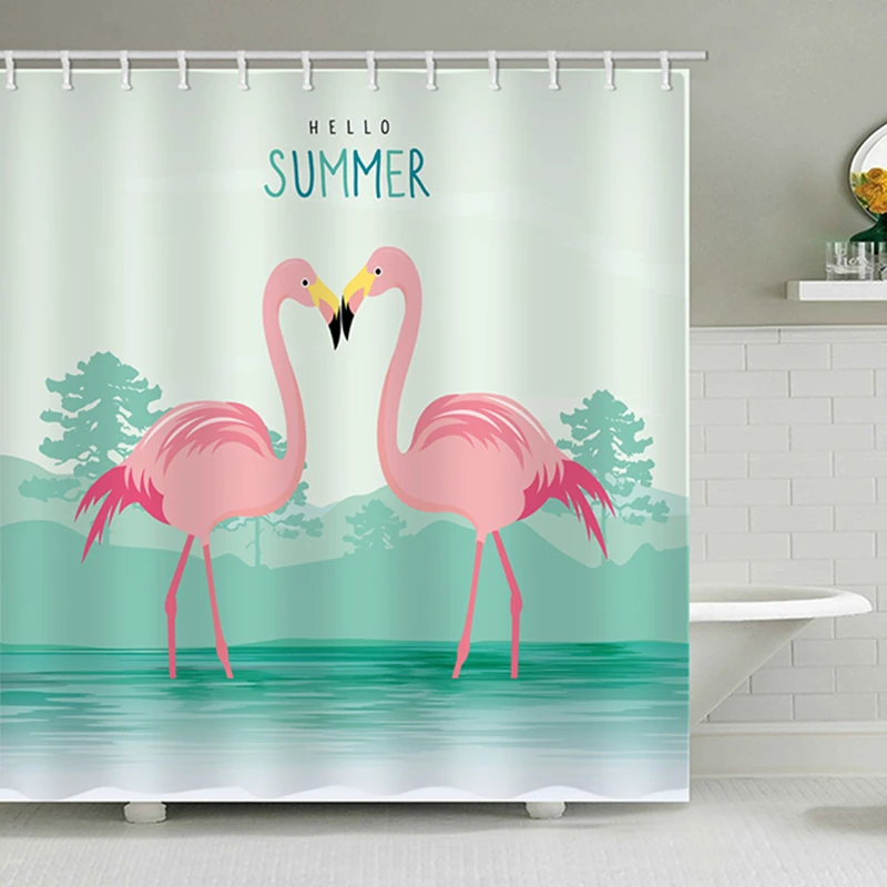 

Summer Kissing Flamingo Print Waterproof Shower Curtain Polyester Fabric Bath Curtain Home Bathroom Curtains With 12 Hooks