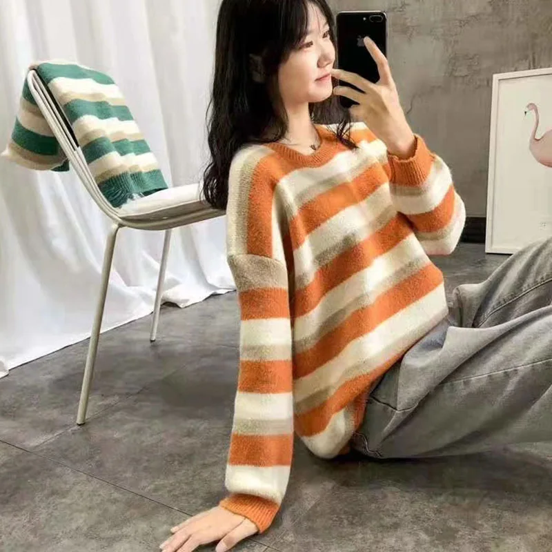 

Loose Knitted Female Autumn Pullover Sweaters O-Neck Striped Women Plus Size Fashion Winter Warm Long Sleeve Jumper Tops Ladies