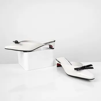 

Genuine Leather Pointed-Toe Bow Sandals Thin Heeled Closed-toe Mixed Colors Patent Leather Outer Wear Slipper