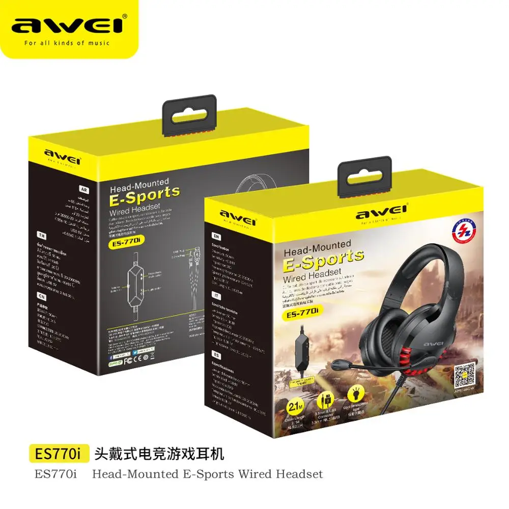 AWEI ES 770i Wired Professional Led Light Game Headphone With Microphone For PC Computer Game Stereo 7 1 Bass Sound 50mm Speaker