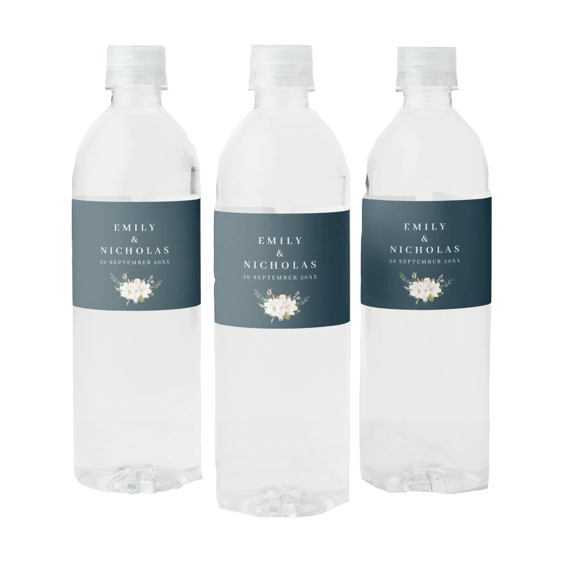 Custom Elegant Magnolia Floral Navy Blue Wedding Favors Water ...