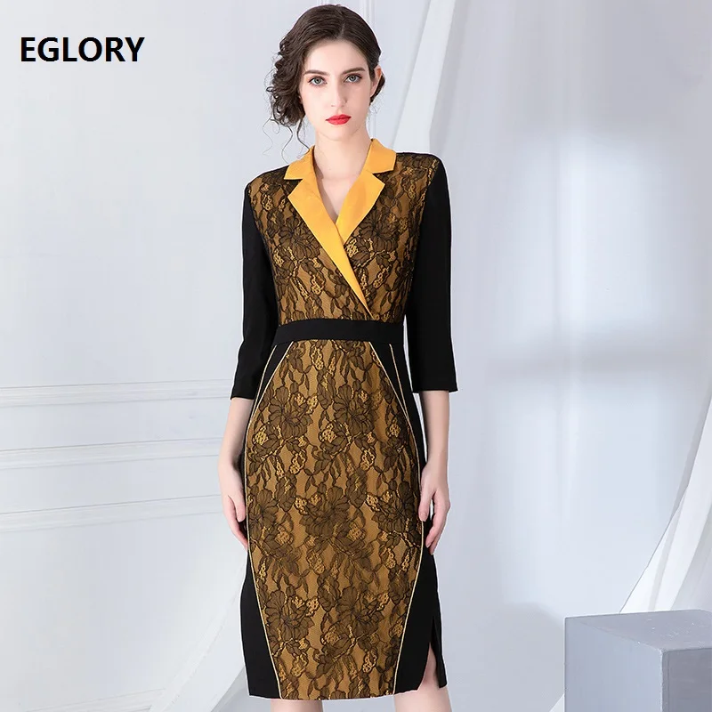 

2019 Autumn Bodycon Dress High Quality Women Notched Collar Yellow Lace Patchwork 3/4 Sleeve Slim Party Elegant Dress Robe Femme
