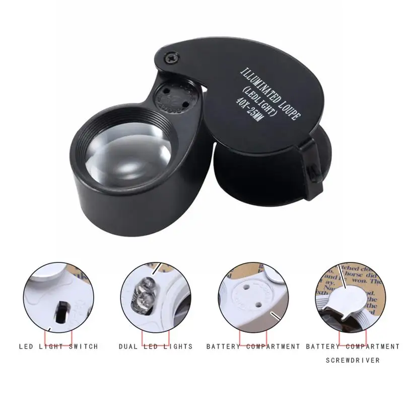 40X Jewelers Loupe Foldable Magnifier with LED Light Portable Folding Magnifying  Glass Illuminated Magnifier Coin Jewelry