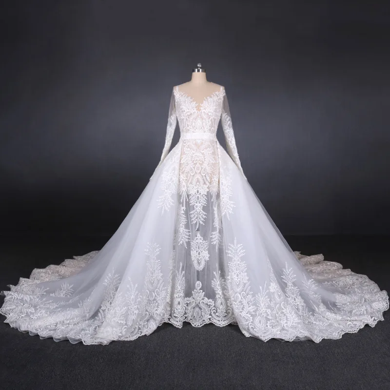 

2020 Real Sample Mermaid See Through Appliqued Beading Lace Bridal Wedding Dress Detachable Cathedral Train Tulle Wedding Gown