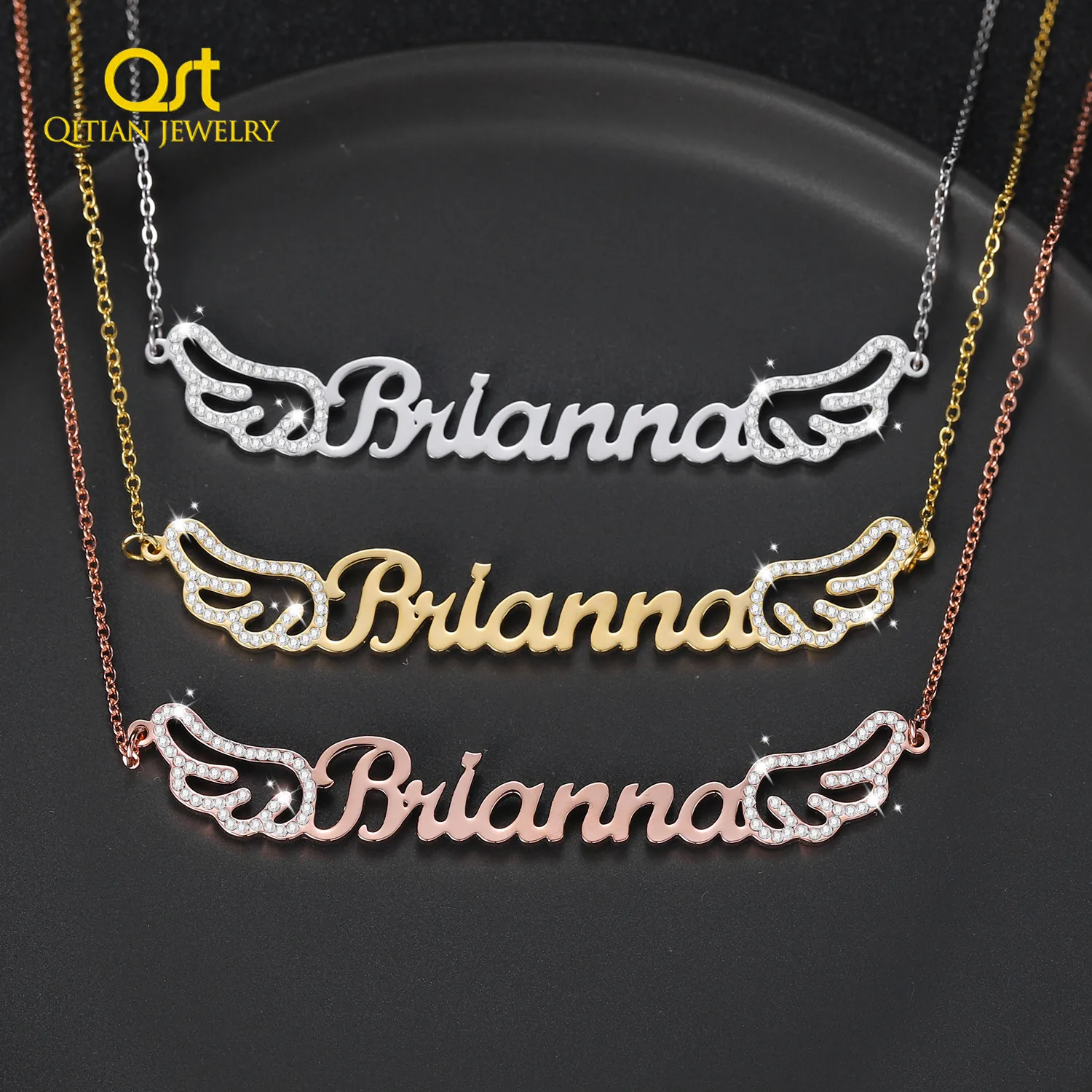 Personalized Iced Out Angel Wings Name Necklace Customized