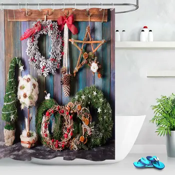 

Fabric Shower Curtain Set Christmas Wreath Handmade Wood Star Bathroom Decor