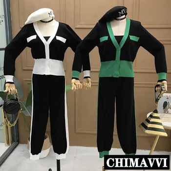 

2020 Spring New Casual V-neck Long Sleeve Contrast Color Cardigan Shirt + Harem Pants Knitting Suit Women's Loose Sets