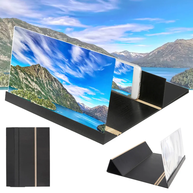 

12 Inch 4X Portable Black Wood Grain PMMA Fiberboard 3D Video Mobile Phone Screen Magnifier with Mobile Phone Bracket