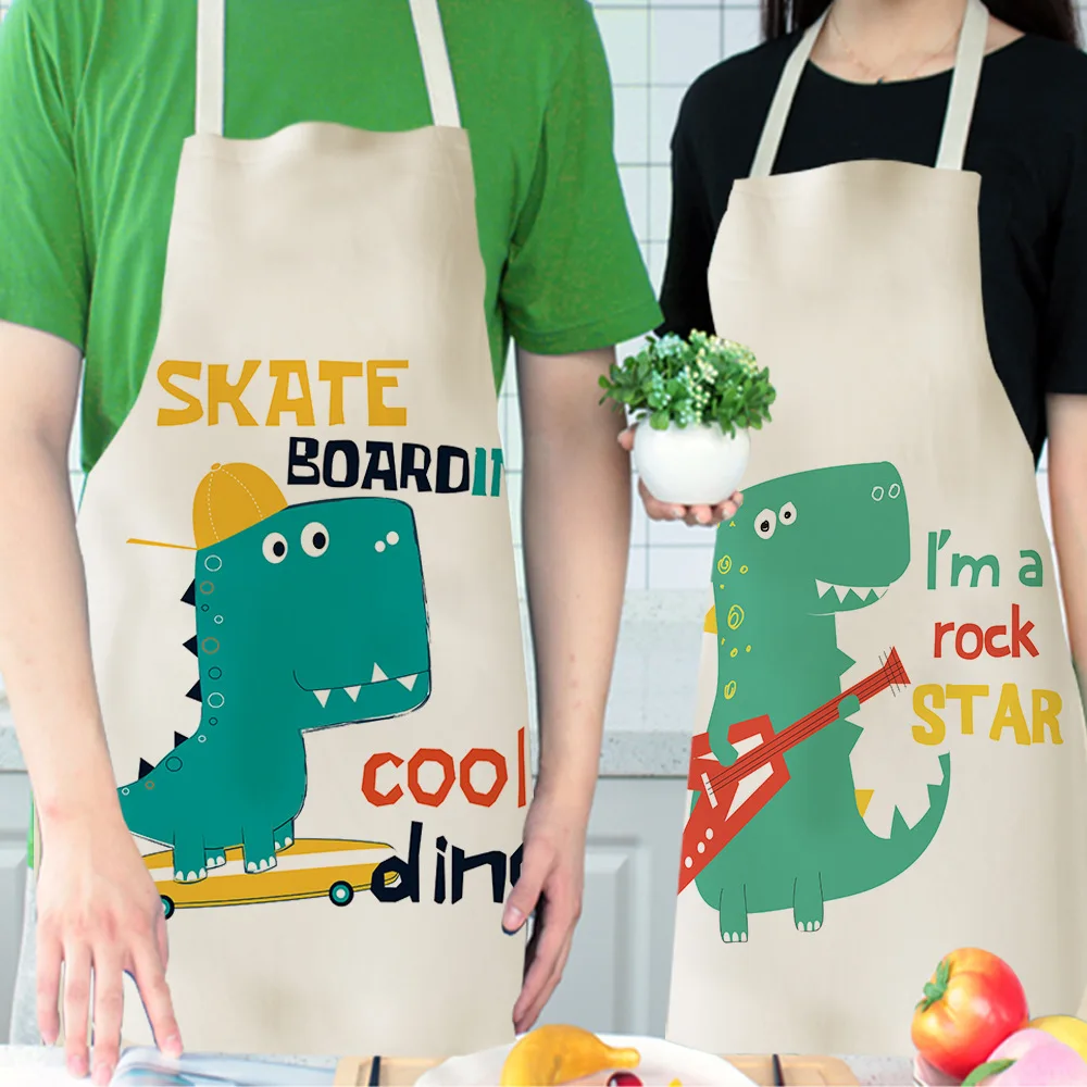 Parent-child Kitchen Apron Cartoon Dinosaur Printed Cotton Linen Baking Cooking Aprons for Women Home Cleaning Apron Delantales