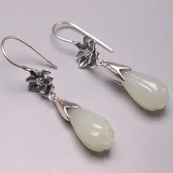 

New Arrival S925 Sterling Silver Earrings Women Luck Nephrite Flower Dangle Earrings 43x9mm