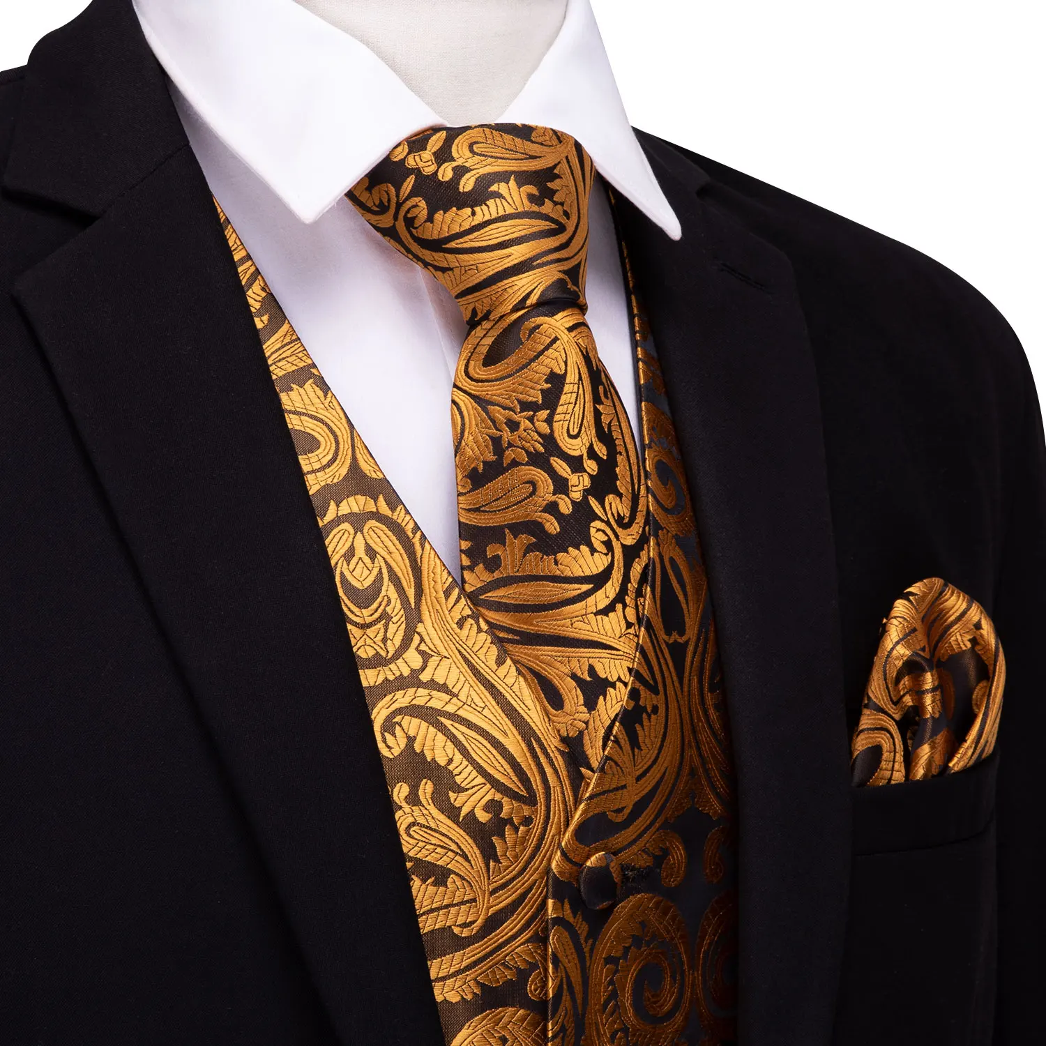 4PC Mens Silk Vest Party Wedding Gold Paisley Solid Floral Waistcoat Vest Pocket Square Tie Slim Suit Set Barry.Wang BM-2012 4PC Mens Silk Vest Party Wedding Gold Paisley Solid Floral Waistcoat Vest Pocket Square Tie Slim Suit Set Barry.Wang BM-2012