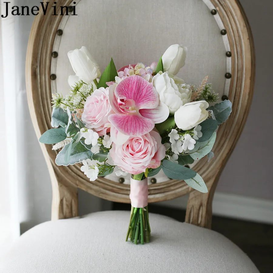 JaneVini Korean Butterfly Orchid Brides Bouquet De Rose Pink White Tulip Wedding Flowers Bridal Hand Bouquets Rosas Artificiales