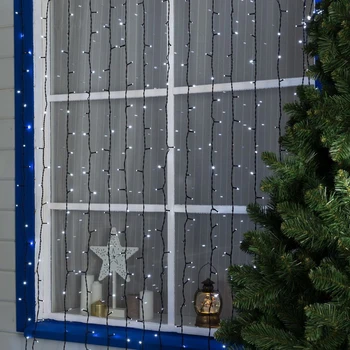 

Garland "Curtain" 2 x 9 m, IP44, UMC, dark thread, 1800 LED, white glow, white flicker, 220 V
