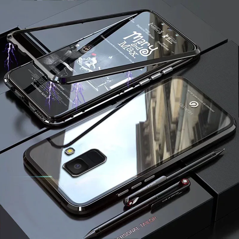 

YonLinTan Coque cover Case For Samsung galaxy A8 Plus A8Plus Metal magnetic Frame adsorption tempered glass cases